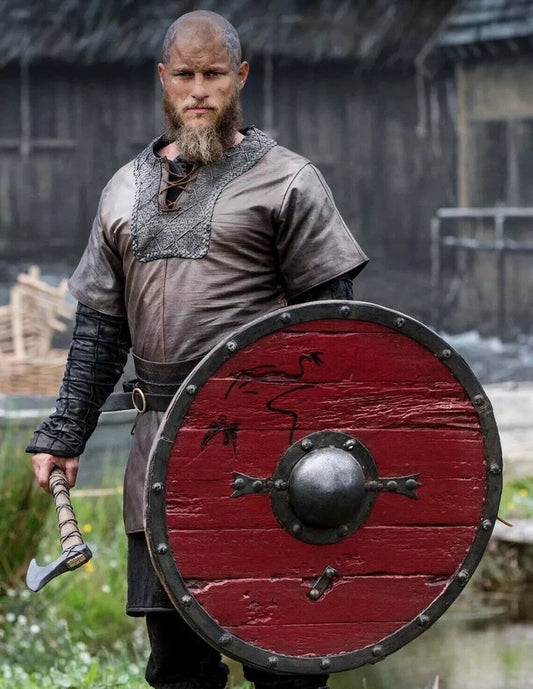 Front view of 22-inch red Viking wooden shield with Norse round design