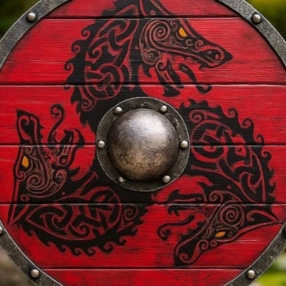 Viking reenactment shield crafted from steel and wood for LARP and historical events
