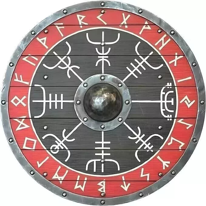 Front view of 24-inch handmade Viking round shield with wood and steel design