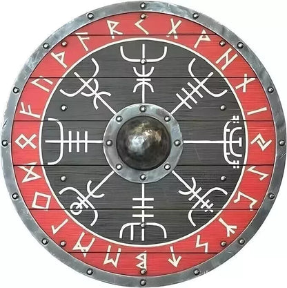 Front view of 24-inch handmade Viking round shield with wood and steel design