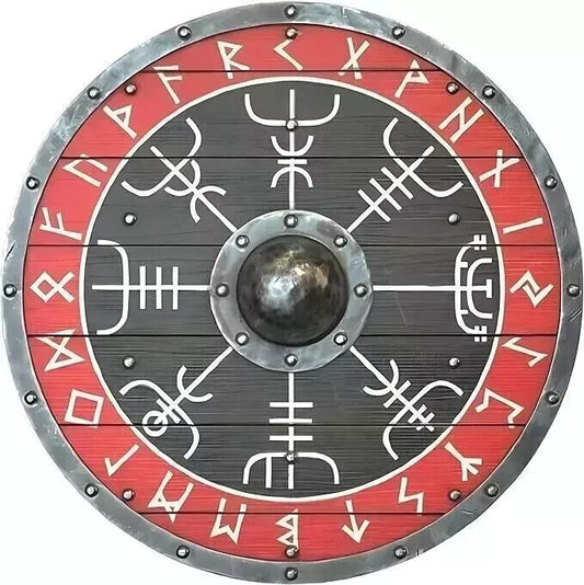 Front view of 24-inch handmade Viking round shield with wood and steel design