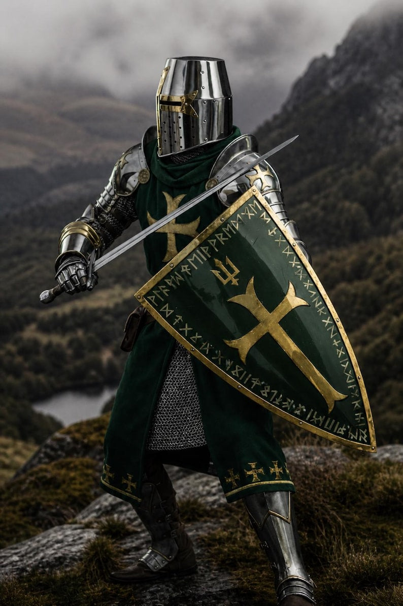 Viking Runes Shield paired with Green Knight Crusader Armor Set, showcasing Nordic engravings and medieval crusader aesthetics.