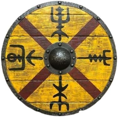 Front view of a 24-inch Viking shield featuring the Norse Helm of Awe design in wood and iron.