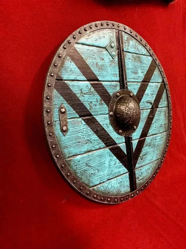 24-inch Viking wooden shield mounted on wall as decorative piece