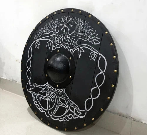 Medieval Viking shield displayed as wall decor in Norse theme

