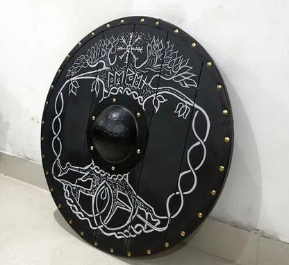 Medieval Viking shield displayed as wall decor in Norse theme

