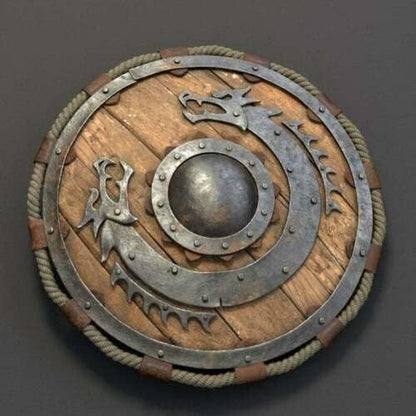Viking shield used as wall decor, ideal for LARP, cosplay, and reenactment events.