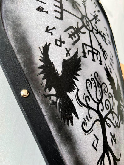 Viking shield wall decor featuring Yggdrasil tree design