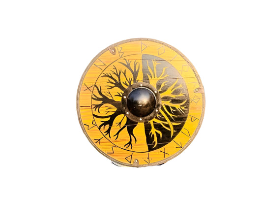 Front view of 22-inch Viking wooden shield with Norse tree design