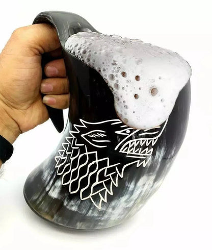 Viking Drinking Horn Mugs with carved wolf design by Artisans Hub