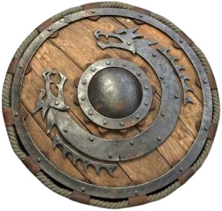 Front view of a handcrafted wooden Viking round shield with detailed dragon design.