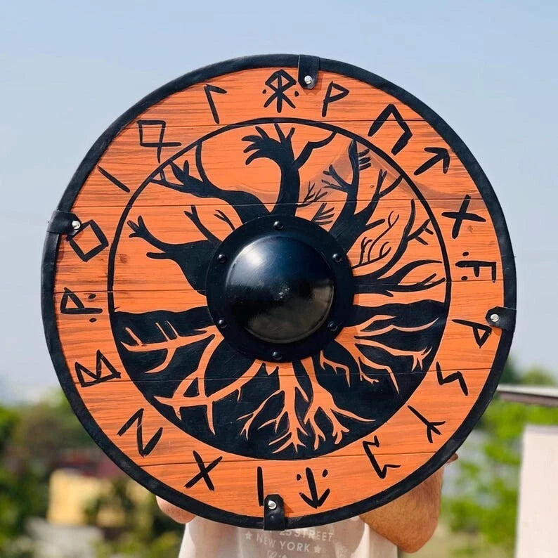 Front view of 22-inch Viking wooden shield with Norse battle design