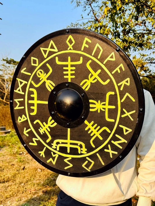 Front view of 22-inch handmade Viking wooden shield with metal fittings
