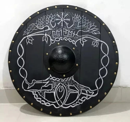 Front view of black Viking wooden shield with Norse design, 22 inches