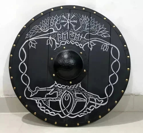 Front view of black Viking wooden shield with Norse design, 22 inches