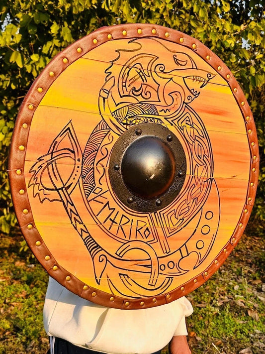 Front view of 22-inch handmade Viking wooden shield with Norse battle design
