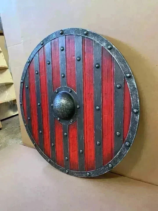 Front view of 22-inch handmade Viking wooden shield with Norse round design