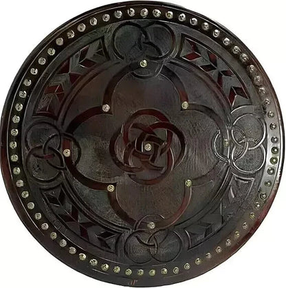 Front view of 22-inch handmade Viking wooden shield with Norse design