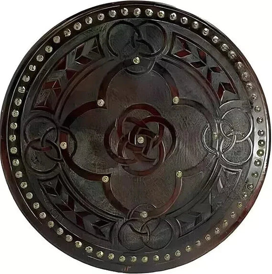 Front view of 22-inch handmade Viking wooden shield with Norse design