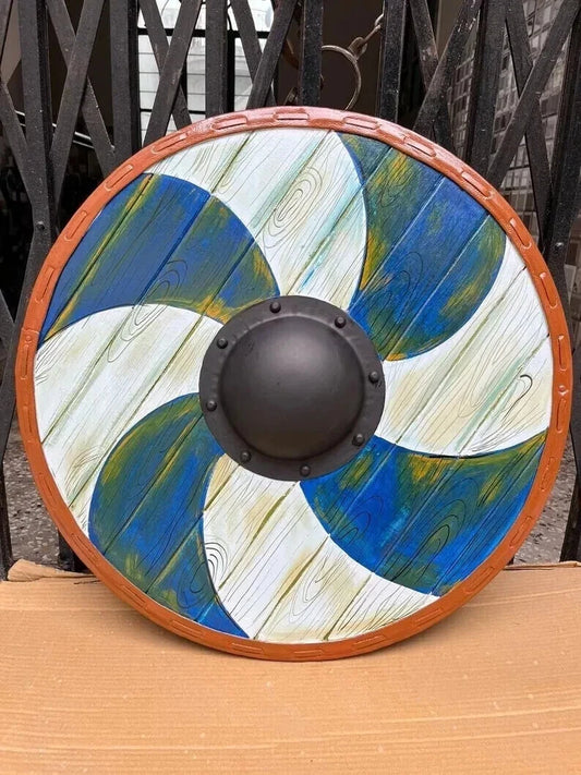 Front view of handcrafted Viking wooden shield with medieval design

