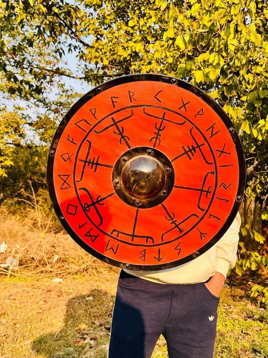 Front view of 22-inch handmade Viking wooden shield with Norse design