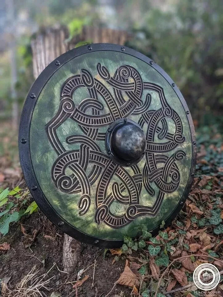 Front view of 22-inch handmade Viking wooden shield with Norse battle design