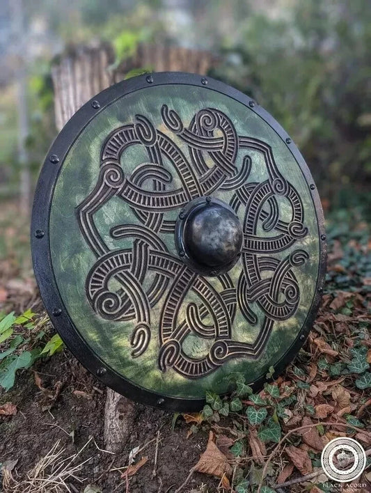 Front view of 22-inch handmade Viking wooden shield with Norse battle design