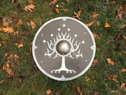 Front view of 22-inch handmade Viking wooden shield with Norse tree design