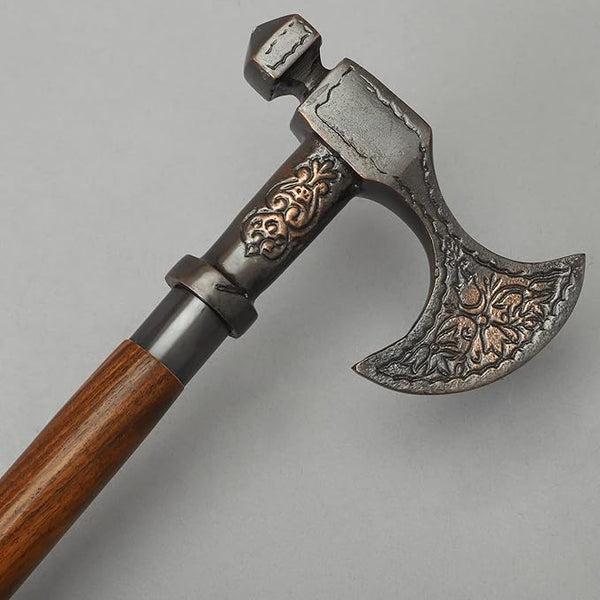 Vintage axe cane with brass inlay and spiral twisted wooden shaft