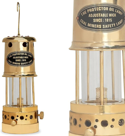 Vintage Brass Protector Oil Lamp front view showing antique nautical kerosene lamp design