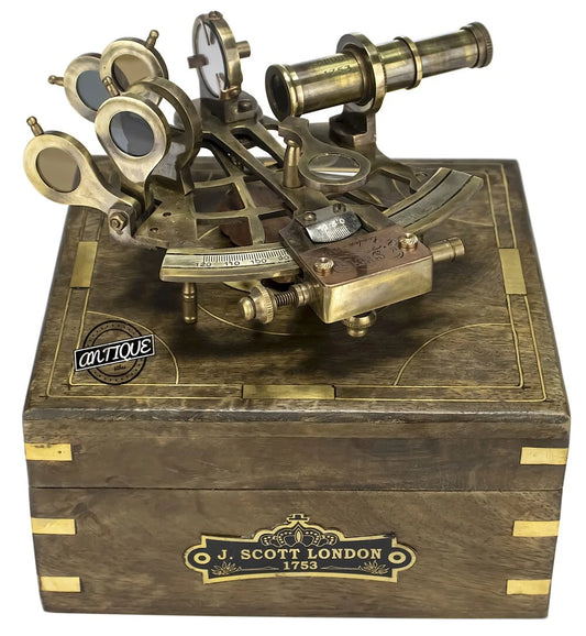 Vintage nautical brass sextant with engraved wooden box for display and gifting

