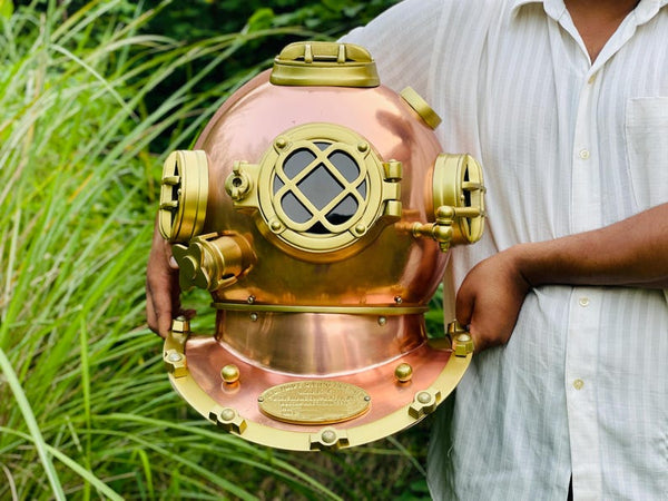 Vintage nautical diving helmet with brass and copper finish