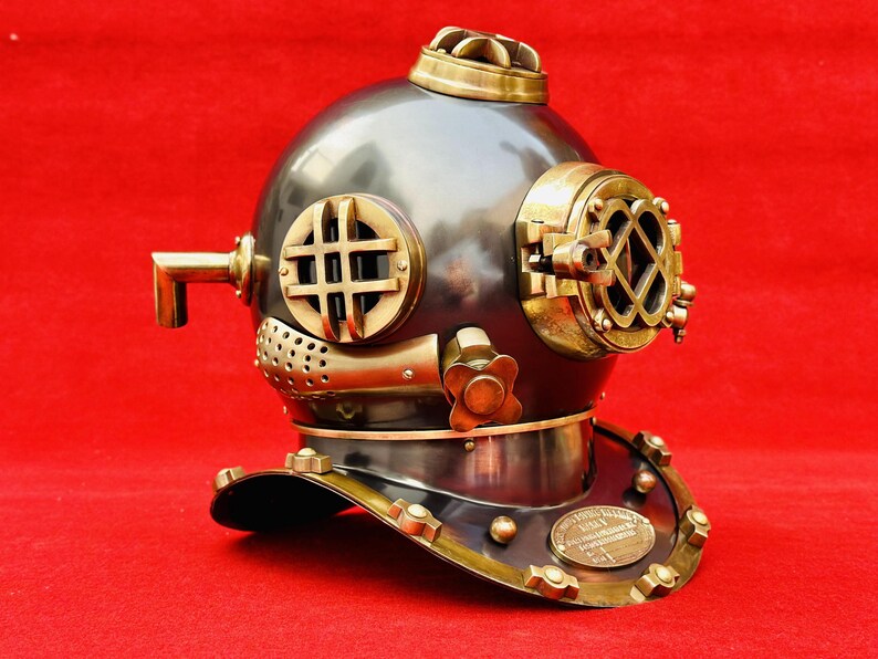 Vintage nautical diving helmet used as tabletop decor for marine-themed interiors