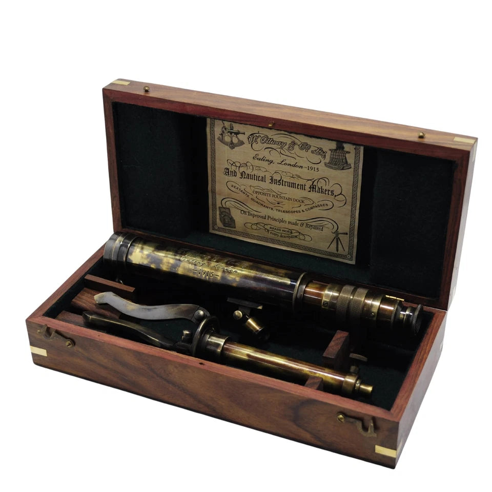 Vintage-style handcrafted spyglass telescope mounted on tripod stand