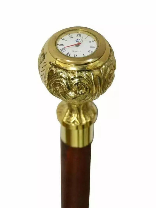 Vintage style solid brass clock on head handle wooden walking stick cane gift