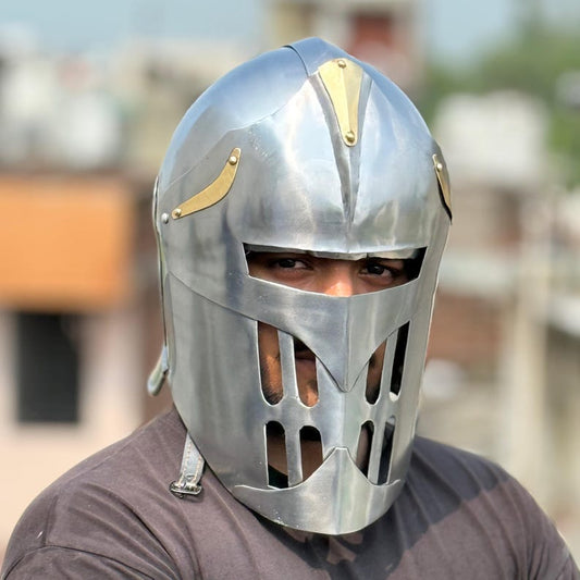 Visor of Aegis Prime handcrafted medieval knight helmet with golden accents for authentic cosplay and reenactments