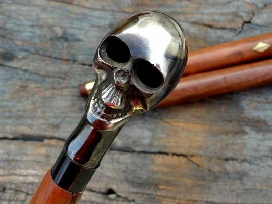 Walking stick cane with brass skull voodoo handle vintage antique design