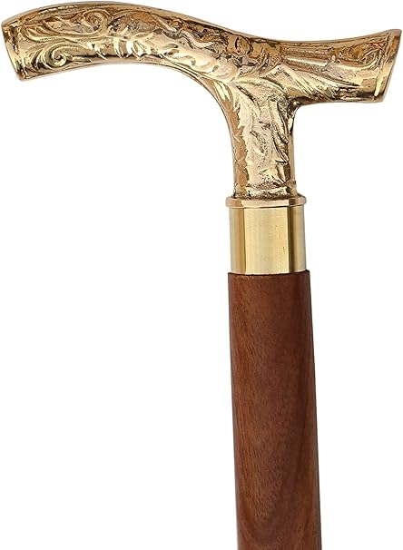 Walking stick for men with brass T-handle and brown ebony natural wood shaf