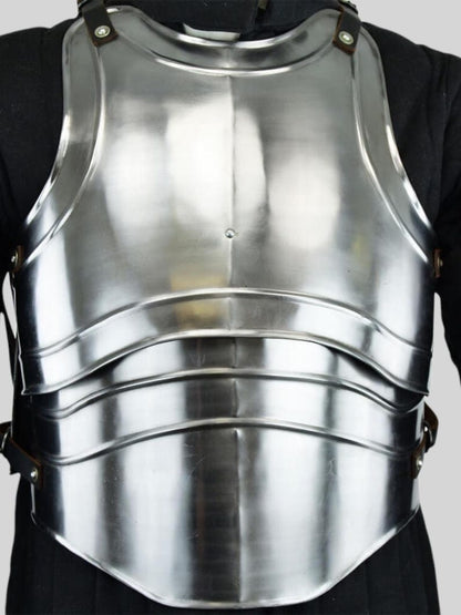 Adjustable leather straps on steel breastplate armor for warrior knight cosplay and reenactments