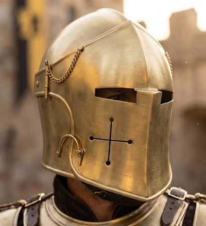 Wearable Barbuta Helmet with authentic medieval knight armor inspired by Renaissance battlefield design