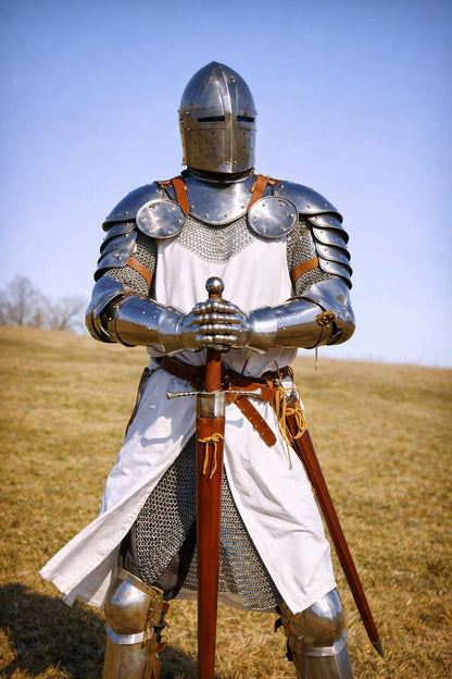 Wearable Chainmail and Plate Armor side view displaying shoulder pauldrons, gauntlets, and historical knight protection elements.