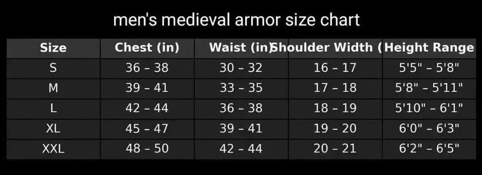 Men's medieval armor size chart with measurements for chest, waist, shoulder width, and height range.