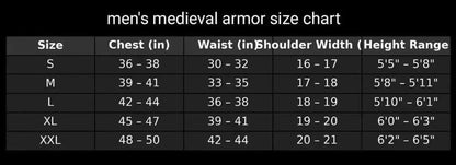 Men's medieval armor size chart with measurements for chest, waist, shoulder width, and height range.