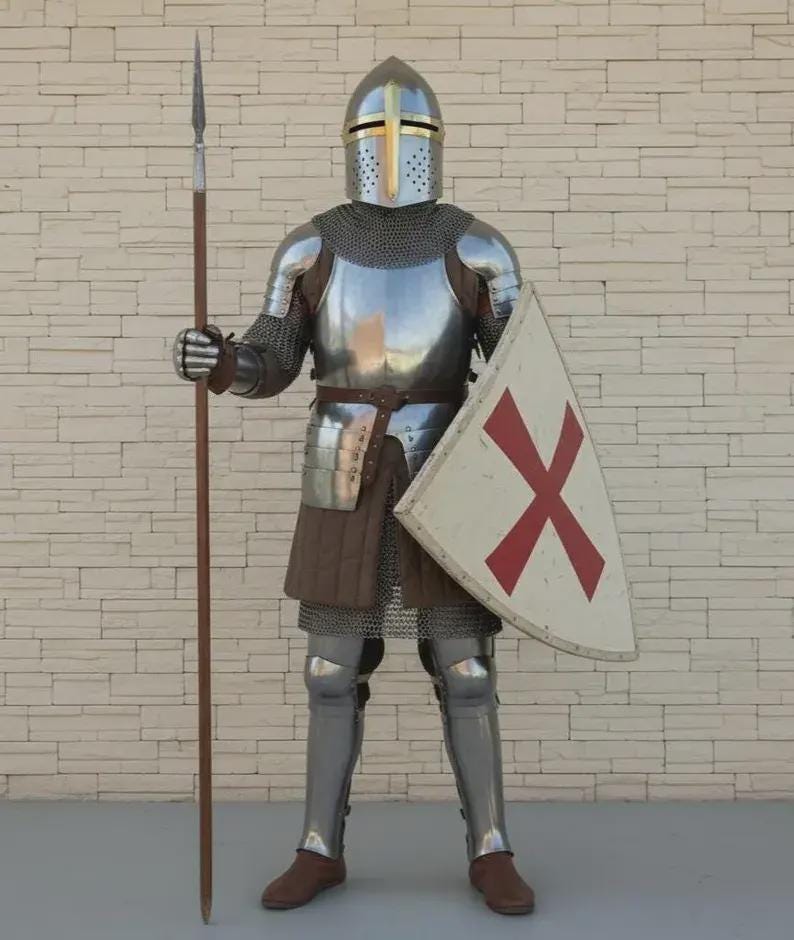 Wearable Crusader Knight Armor handcrafted from 18 gauge steel for medieval cosplay and reenactment
