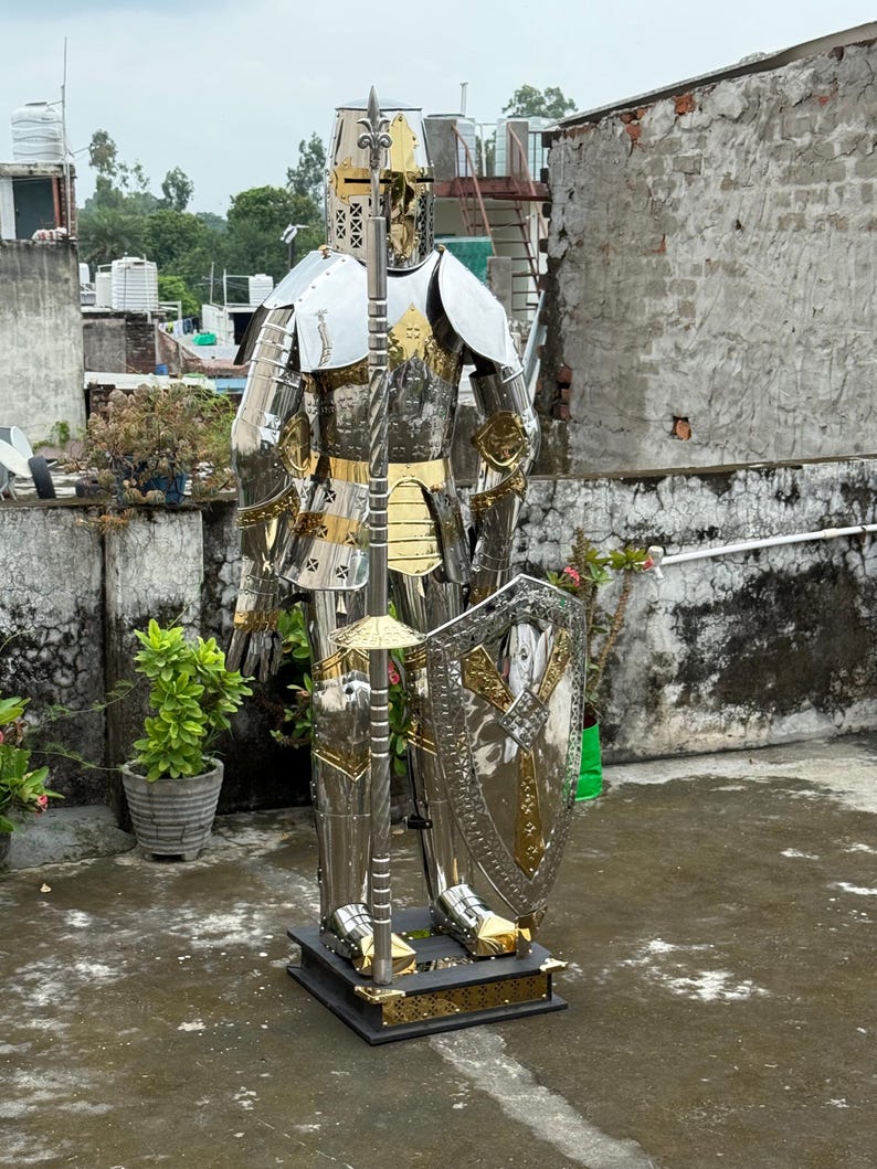 Wearable Full Body Medieval Crusader Knight Armor with Adjustable Leather Straps for Cosplay Events