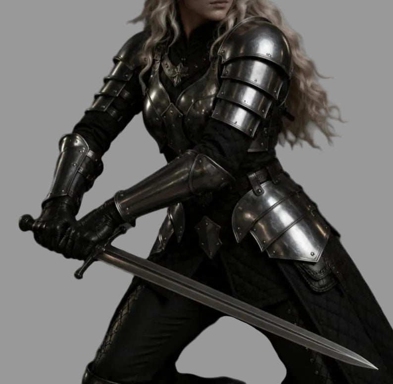 Wearable Female Cosplay Steel Armor Set designed for medieval reenactment and fantasy events