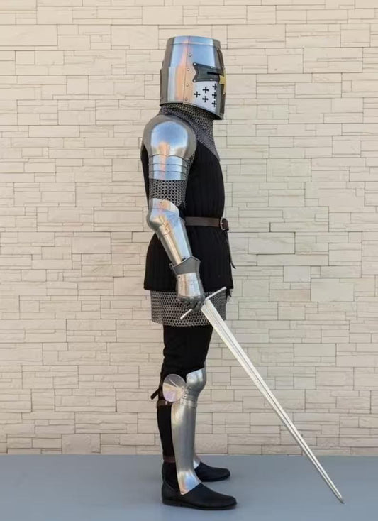 Wearable medieval Gothic plate armor front view with handcrafted steel detailing for knight cosplay