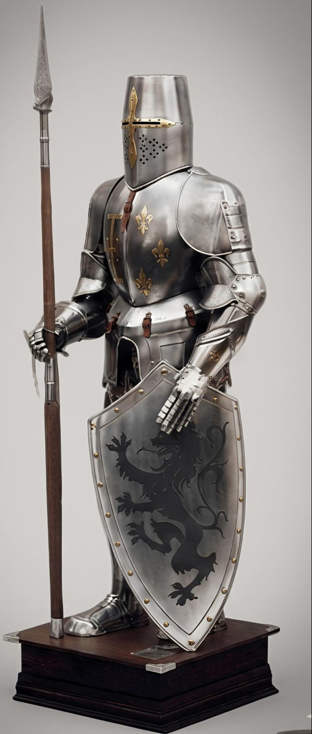Wearable medieval knight armor side angle showcasing polished steel crusader armor with authentic handcrafted details