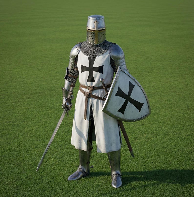 Wearable Steel Crusader Knight Armor Set with Shield for LARP cosplay and medieval reenactments