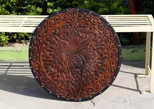 Back view of the Viking shield with leather arm straps for costume use